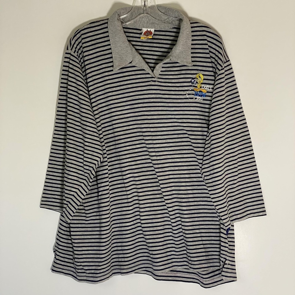 Vintage Looney Tunes Polo Shirt Womens 3X Gray Stripe Tweety Bird 3/4 Sleeve Y2K